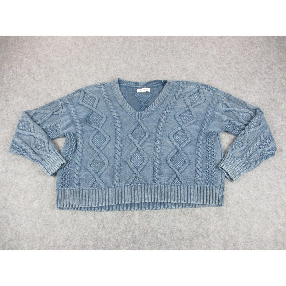 Lucky Brand Sweater Womens Large Blue Cable Knit V Neck Crop Pullover Sweatshirt